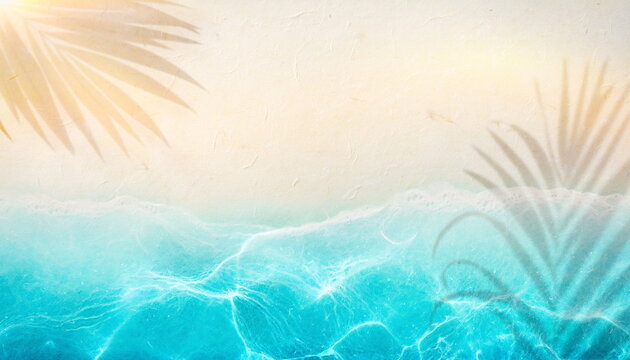 Aerial view of clear ocean water splashing on sandy beach with palm shadows エメラルドグリーンの浅瀬とヤシの木の影が広がるサンドビーチ背景イラスト素材