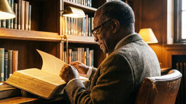 Mature black man in glasses reading an open book at wooden desk, warm lamps in foreground and bookshelves behind, concept of focused study