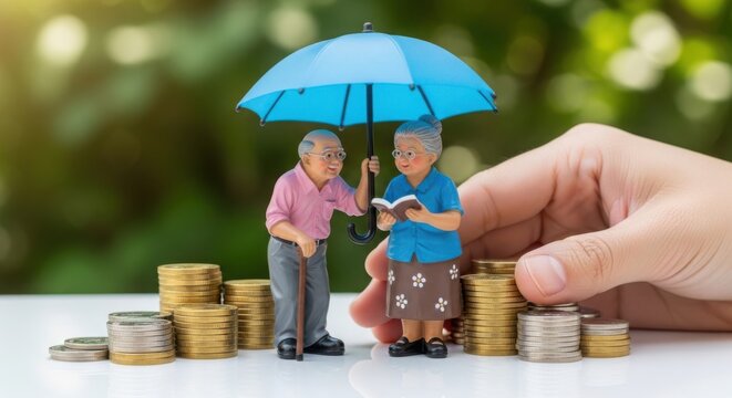 Elderly couple standing under umbrella with stacks of coins and savings illustration