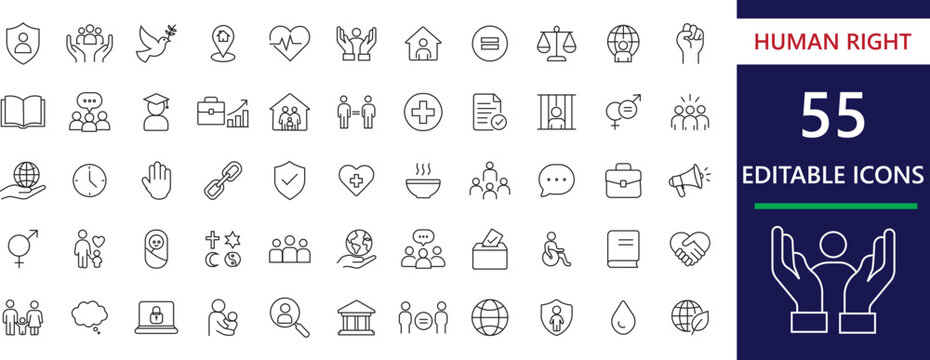 Human rights line icons for equality, diversity, justice, peace, accessibility, advocacy, and humanitarian initiatives.