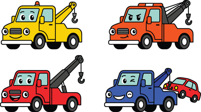 Cute cartoon tow truck collection featuring smiling recovery vehicles, roadside assistance, towing service, car rescue, and kids transportation vector illustration set