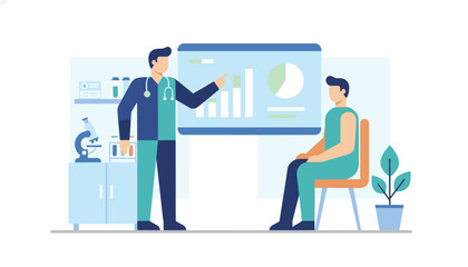 Fototapeta premium Medical professional explains clinical test results to a patient in an office with laboratory equipment and large health charts.