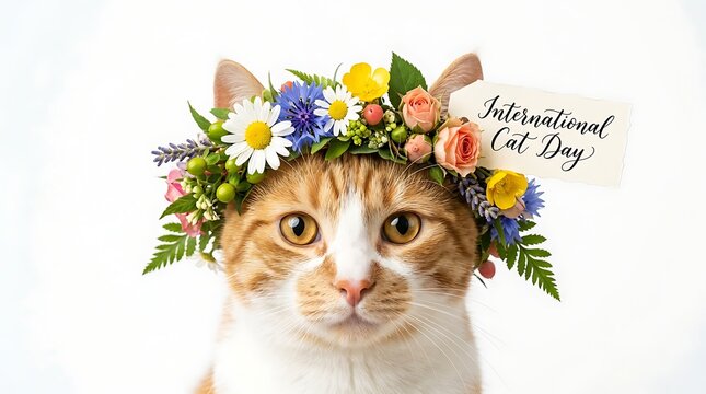 Ginger tabby cat wearing floral crown with international cat day greeting tag isolated white background with daisies roses alongside