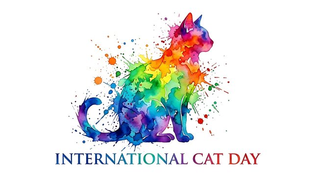Colorful watercolor cat silhouette artistic illustration for international cat day celebration graphic design concept