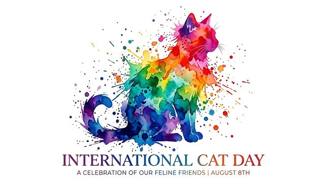 Colorful watercolor cat silhouette artistic celebration design for international cat day awareness event with rendered rainbow spectrum