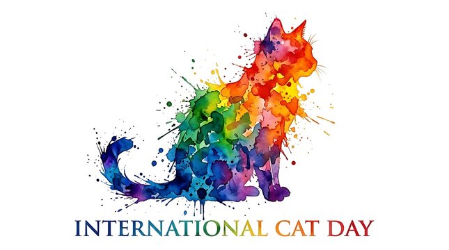 Vibrant rainbow watercolor cat silhouette artistic celebration design for international cat day event poster graphic