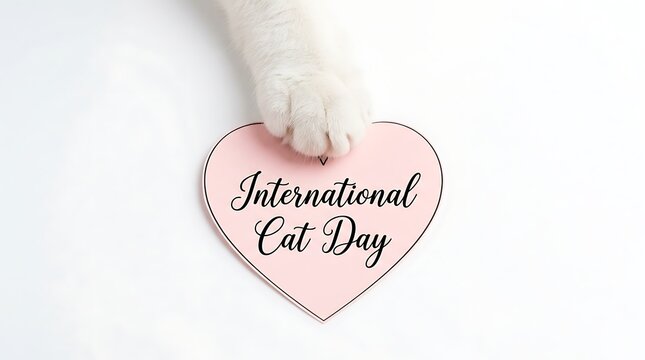 White cat paw holding pink heart card celebrating international cat day event concept with clean white background resting gently light