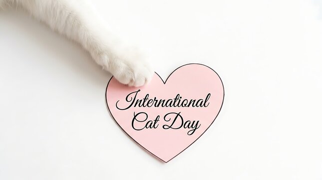 White cat paw touching pink heart paper sign celebrating international cat day event concept
