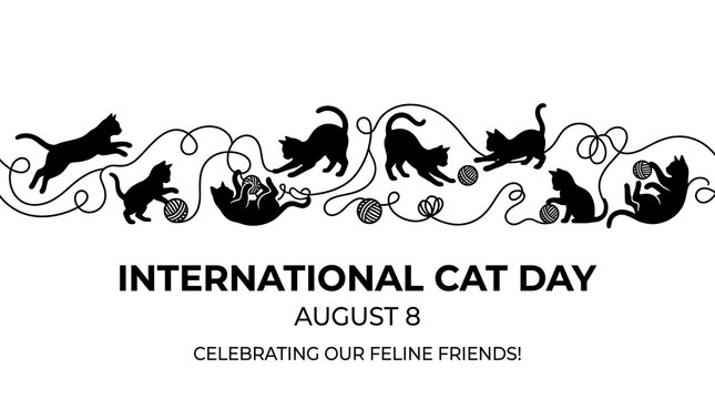 International cat day celebration banner with displays festive horizontal silhouettes playing tangled white background holiday