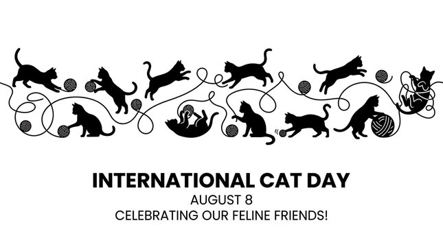 International cat day celebration graphic featuring playful feline silhouettes with tangled yarn balls on white background
