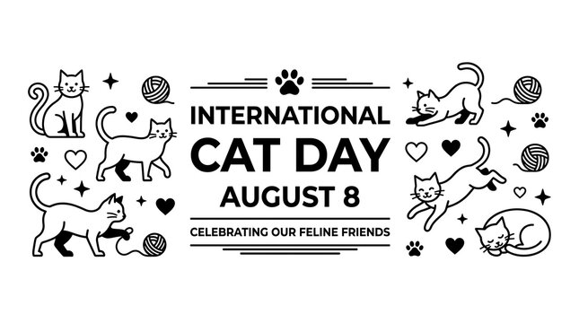 International cat day celebration banner featuring playful feline illustrations and decorative elements on white background