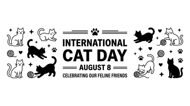 International cat day celebration banner design featuring playful feline silhouettes and decorative elements for august eighth