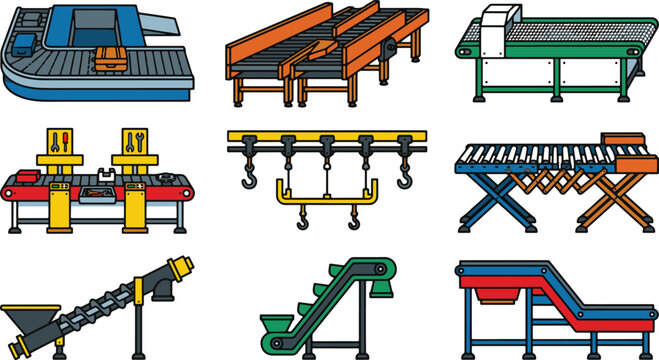 Conveyor belt system icon set industrial factory assembly line manufacturing equipment labor day vector graphic