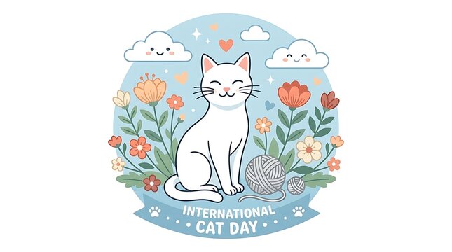 Cute white cat sitting surrounded by spring flowers and yarn balls for international cat day celebration illustration