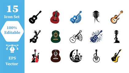 Fototapeta premium Set of 15 guitar icons with collection instrument illustration acoustic