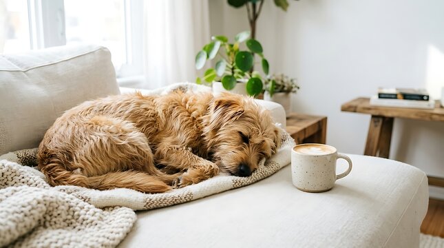 Cozy scruffy dog sleeping peacefully on a soft sofa beside a warm cup of morning coffee in a bright sunlit living room