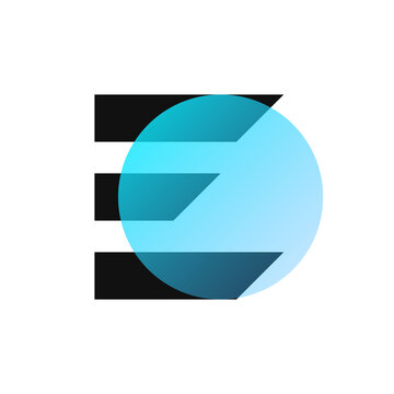 Modern minimalist graphic logo design featuring the letter E using negative space and a translucent blue circle.