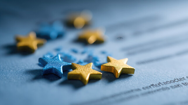 Stars resting on a blue document symbolize high quality ratings or excellence in corporate awards.