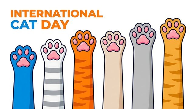 International cat day celebration illustration featuring colorful raised feline paws arranged in a row on white background