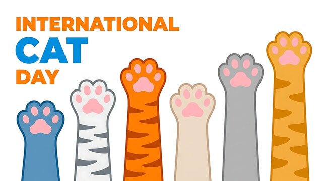 International cat day greeting design featuring multiple colorful raised feline animal paws illustration with stylized graphic illustration