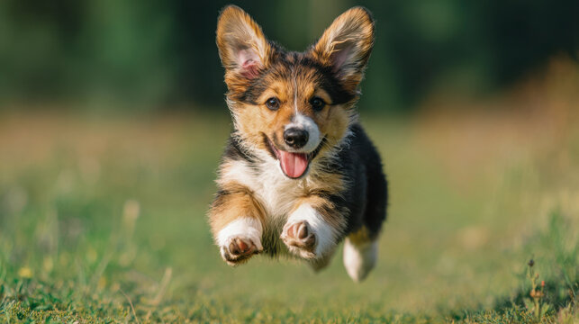 A playful tricolor Corgi puppy runs joyfully across a grassy field. Its ears are perked up, and it has a happy expression on its face.