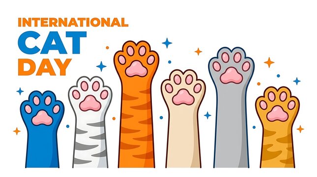 International cat day celebration graphic with vibrant vector illustration white background decorative illustration six diverse