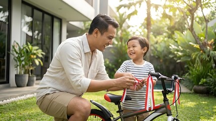 Obraz premium Father helping son decorate bicycle with red white ribbons.
