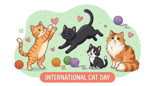 Playful cats illustration celebrating international cat day with yarn balls with green background celebration cartoon cats interacting