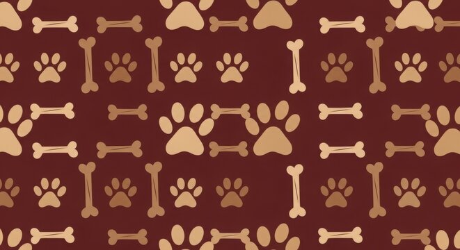 Seamless pattern with dog paw prints and bones on dark red background illustration