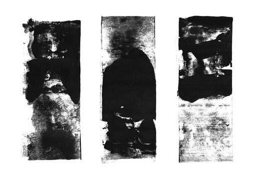 Black grunge ink roller texture isolated on transparent background. Abstract and distressed brush strokes elements.
