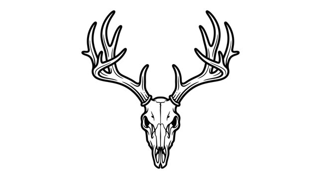 Stylized black and white line art illustration of a buck deer skull with large branching antlers isolated on a white background, ideal for hunting themes, tattoo art, or logo design.