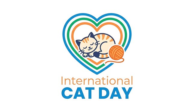 International cat day celebration graphic featuring a sleeping kitten inside a colorful heart shape symbol with illustration sleeping striped