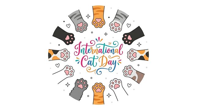 International cat day celebration graphic featuring circular arrangement of diverse colorful feline paws illustration