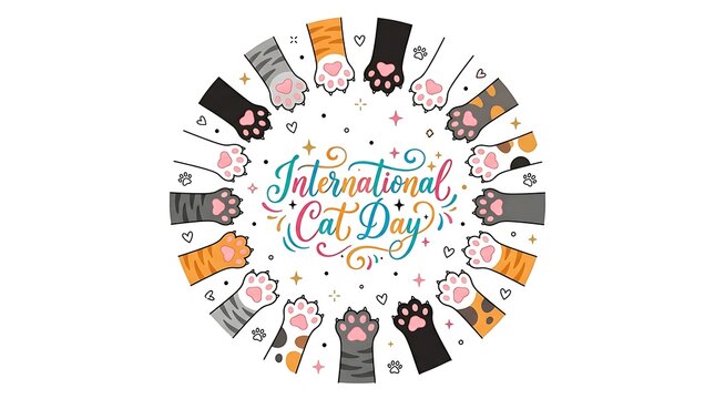 International cat day celebration graphic featuring circular arrangement of colorful feline paws with global feline appreciation
