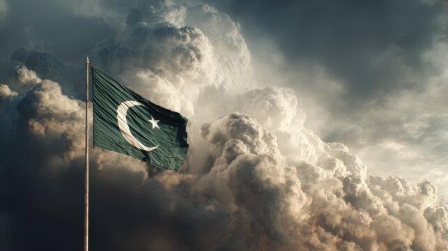 The national flag of pakistan waves proudly against a backdrop of dramatic dark storm clouds during a heavy windy day
