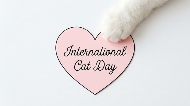 White cat paw resting on pink heart shaped sign for international cat day celebration with clean white background paper sign text