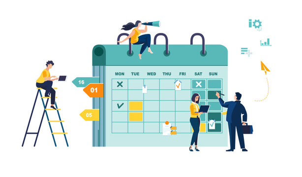 Calendar on which people make business financial notes for 2026. Banner design business presentation, businessman and girls workers, team analyze financial market. Green yellow. Vector illustrations
