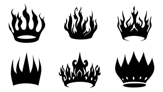 Set of Six Black Flame Icons with Varying Shapes and Styles for Design Projects.