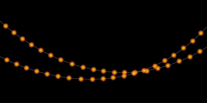 A beautiful glowing string of hanging fairy lights creating a warm festive light effect against a dark black background