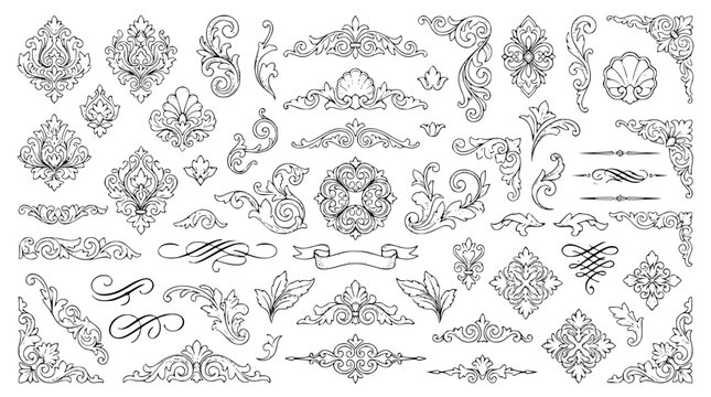 Vintage Rococo Damask Ornament Collection with Baroque Scrolls Victorian Filigree and Calligraphic Flourishes