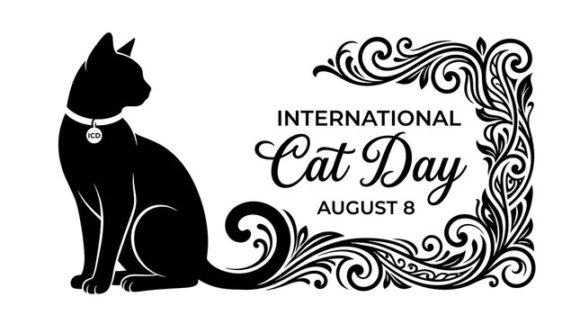 Elegant international cat day greeting card design featuring a stylized black feline silhouette with ornate floral scrollwork