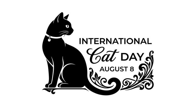 International cat day celebration graphic featuring elegant silhouette of a sitting feline with ornate floral flourishes