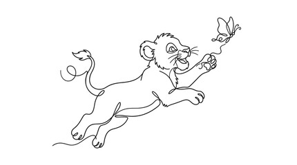 Obraz premium Continuous single line drawing of cute lion cub jumping to catch a butterfly with butterfly continuous wildlife