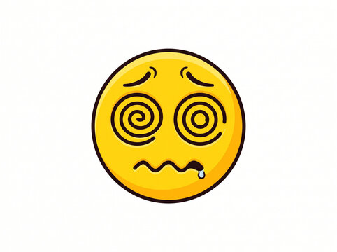 Dizzy yellow face emoji with spiral eyes, wavy mouth, and drool drop isolated on white background. vector illustration
