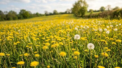 Obraz premium Vibrant Meadow of Golden Yellow Dandelions in Full Bloom with Fluffy White Seed Heads Under Bright Sunny Day Sky, Lush Green Grass and Trees, Beautiful Spring Nature Landscape View