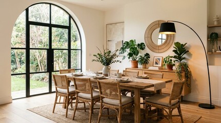 Fototapeta premium Bright Serene Modern Dining Room Interior with Arched Industrial Window, Solid Oak Table, Woven Rattan Chairs, Tropical Plants, Round Mirror, and Arc Floor Lamp in Elegant Home Design
