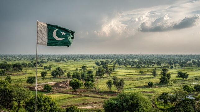 Large green and white national flag of Pakistan waving proudly against a dramatic cloudy sky over lush rural green fields
