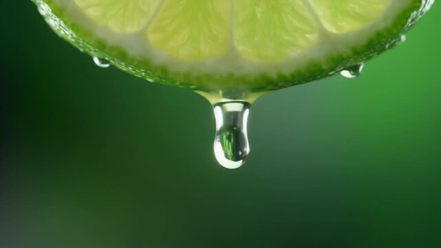 Fresh lime slice releasing clear juice droplet in slow motion macro view
