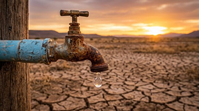 Rusty faucet in dry cracked earth at sunset symbolizing drought and water scarcity , El Ni&ntilde;o