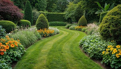 Obraz premium Winding garden path. Lush green landscape with colorful flowers and shrubs.